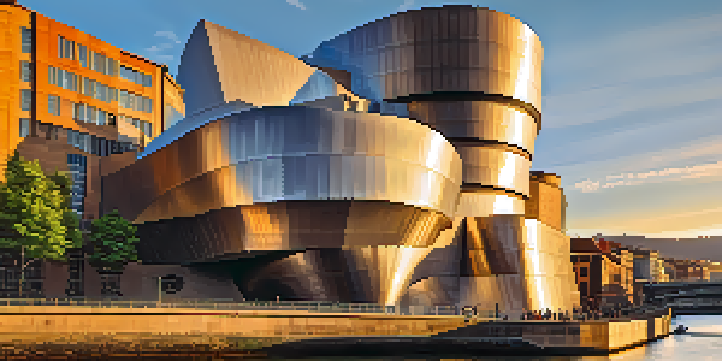 Exterior view of the Guggenheim Museum in Bilbao at sunset, highlighting its unique titanium architecture and the Nervión River.