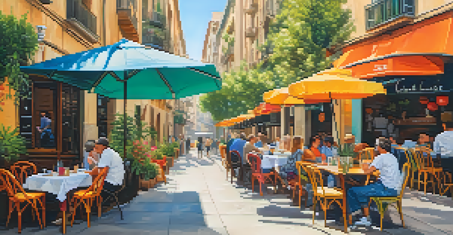 An outdoor cafe in Barcelona with a dog relaxing under the table while its owner enjoys a meal.