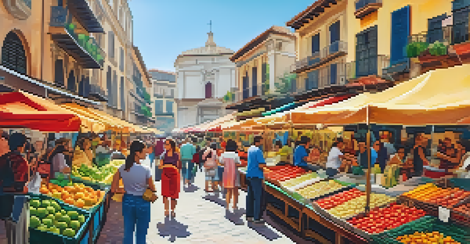 A busy Spanish market with colorful stalls and students practicing Spanish with local vendors.
