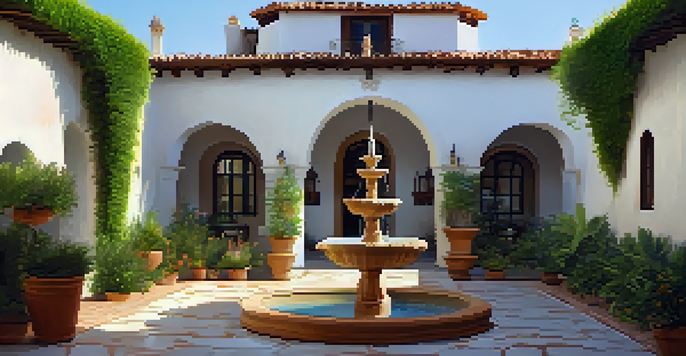A beautiful courtyard with a fountain, surrounded by colorful flowers and greenery, highlighting Spanish colonial architecture with white stucco walls and terracotta roofs.