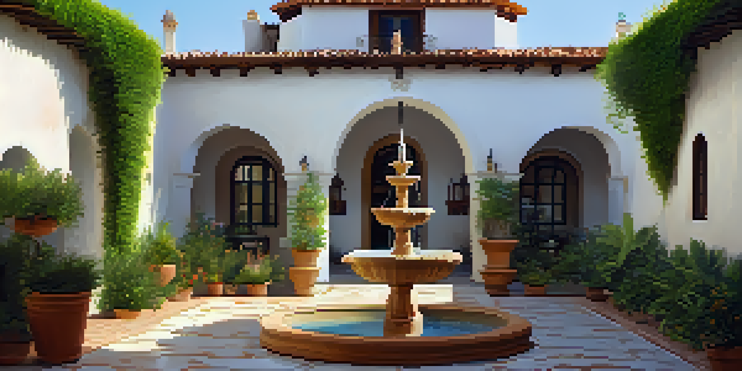 A beautiful courtyard with a fountain, surrounded by colorful flowers and greenery, highlighting Spanish colonial architecture with white stucco walls and terracotta roofs.