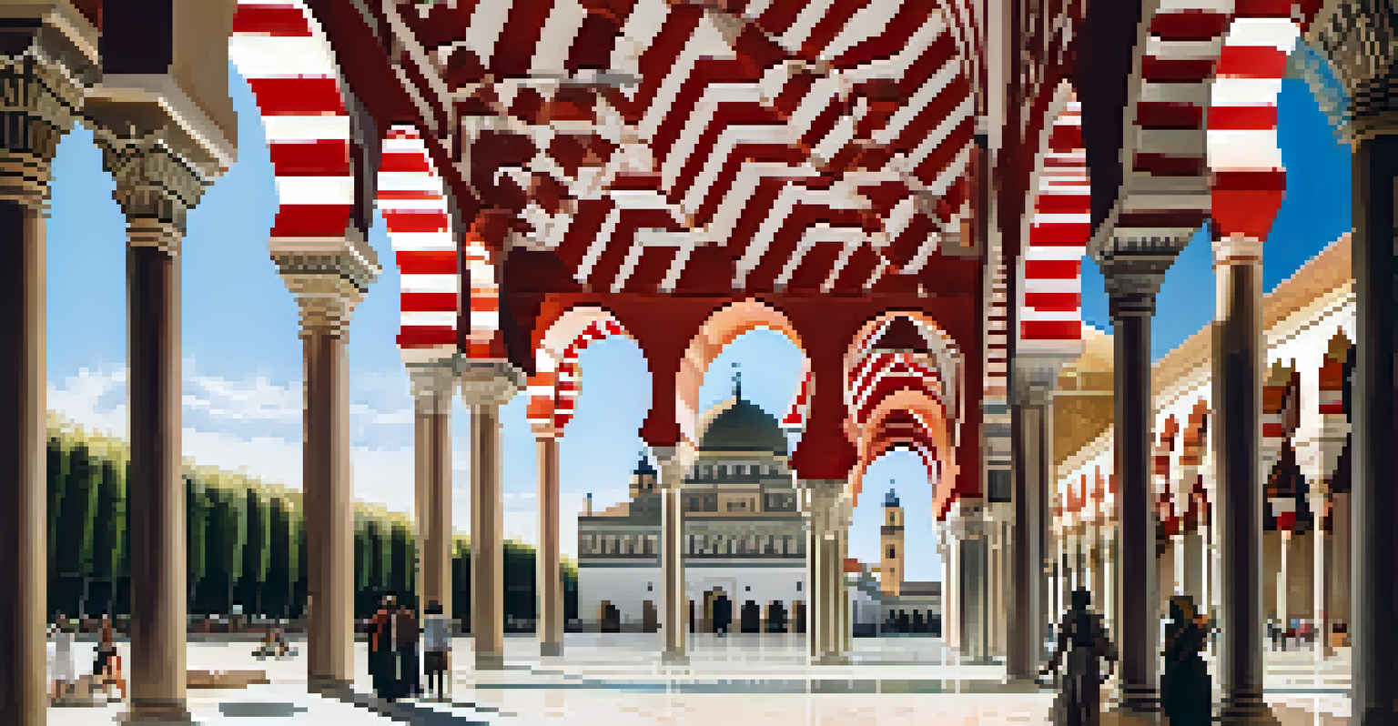 A low-angle view of the Great Mosque of Córdoba, highlighting its distinctive arches and historical significance.