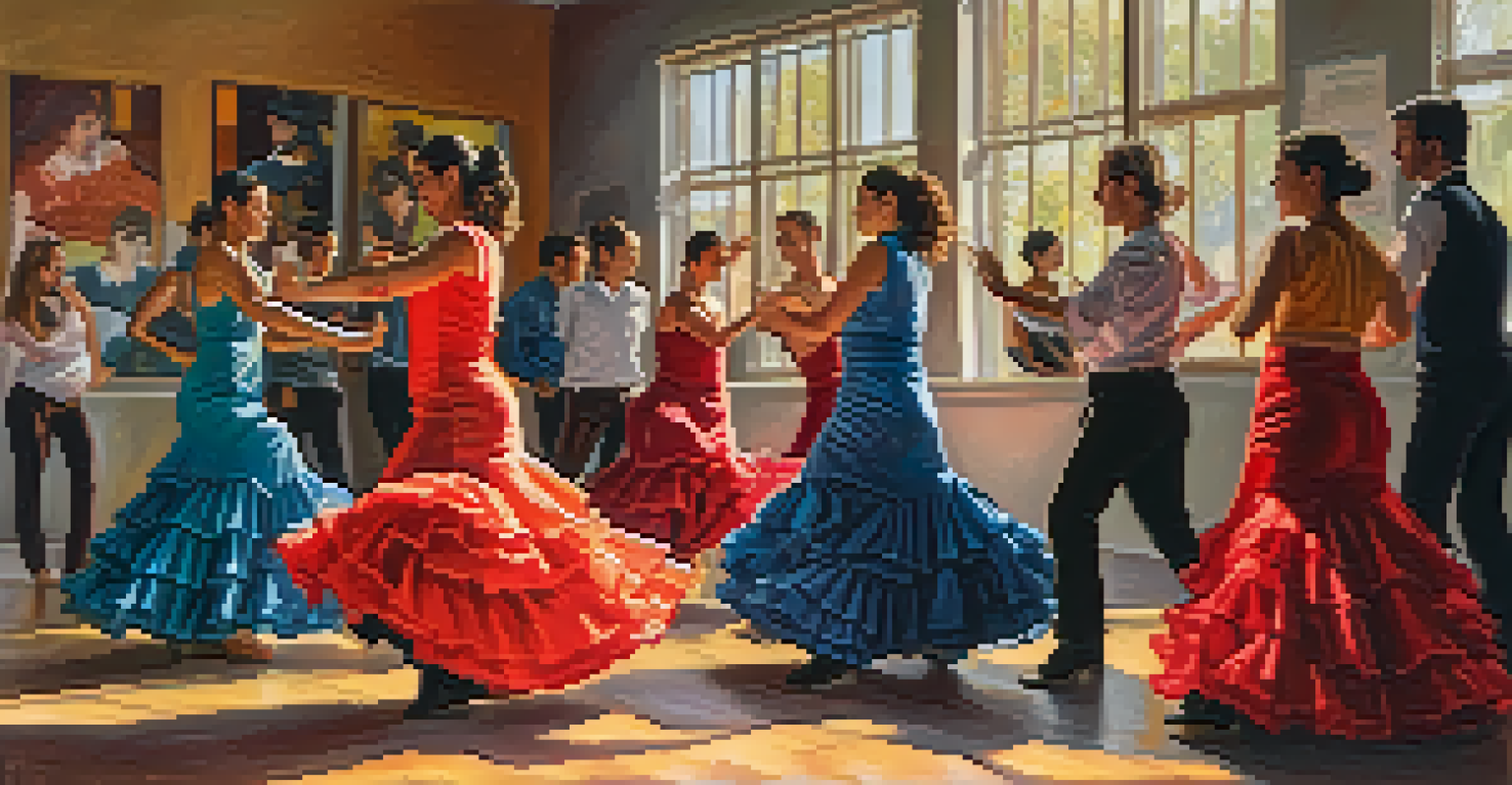 Students in a flamenco class practicing dance steps with an instructor in a sunlit studio.