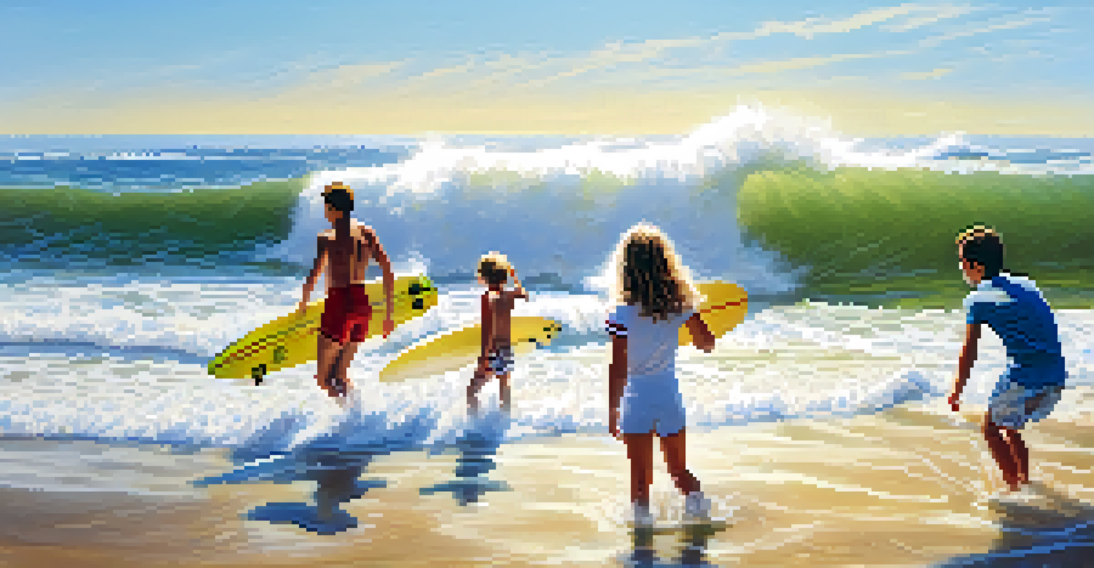A family surfing together on the waves at a beach in the Basque Country under a sunny sky.