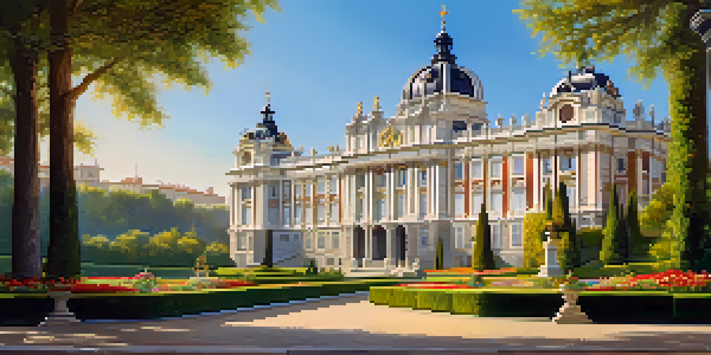 A grand view of the Royal Palace of Madrid with baroque architecture, surrounded by lush gardens and a clear blue sky.
