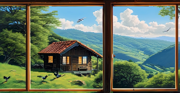 A cozy cabin surrounded by lush greenery in Asturias, with large windows and wooden textures, under a clear blue sky.