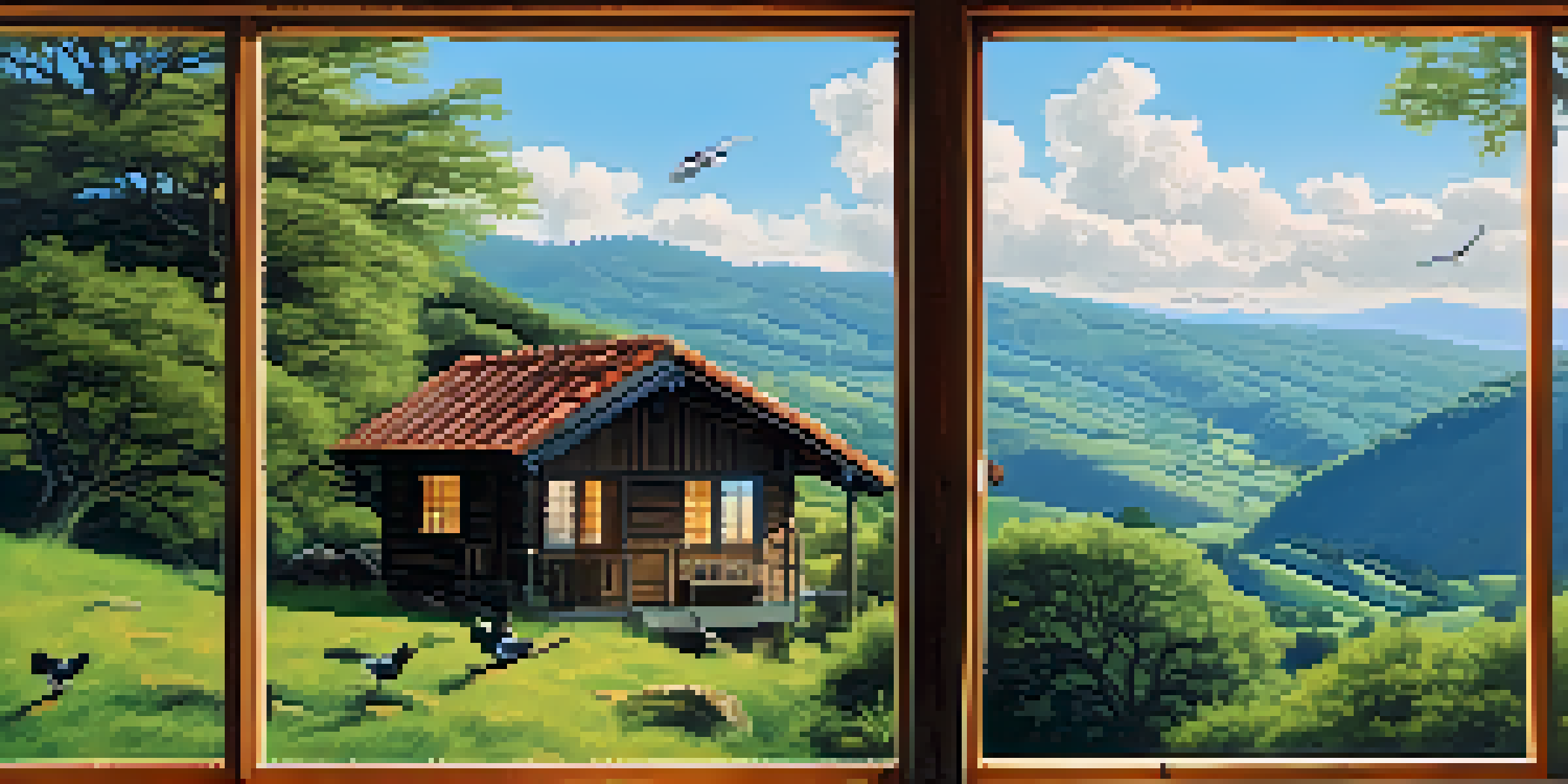 A cozy cabin surrounded by lush greenery in Asturias, with large windows and wooden textures, under a clear blue sky.