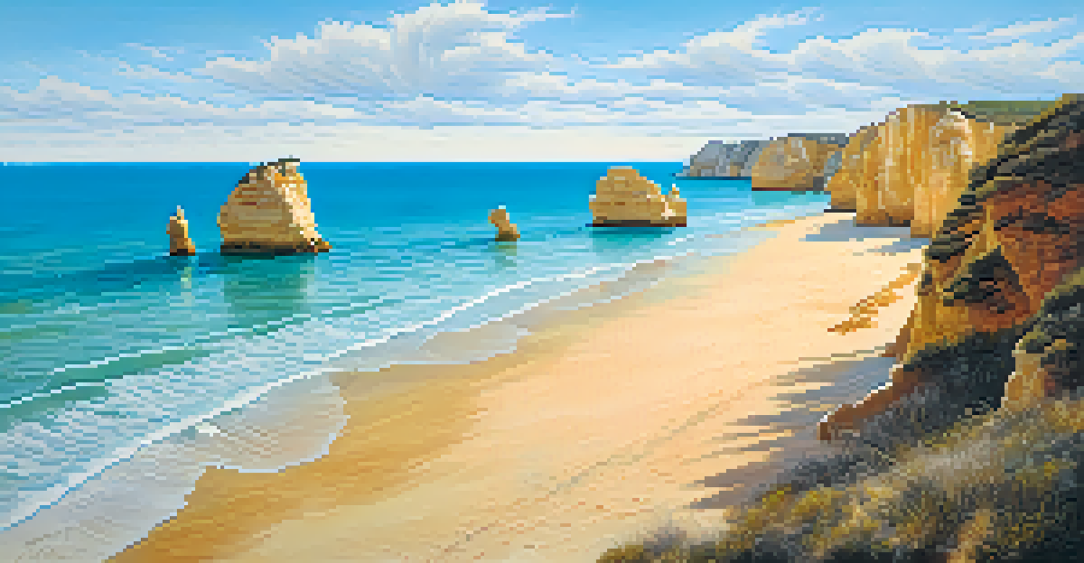 A serene beach with golden cliffs and turquoise waters under a bright sky.