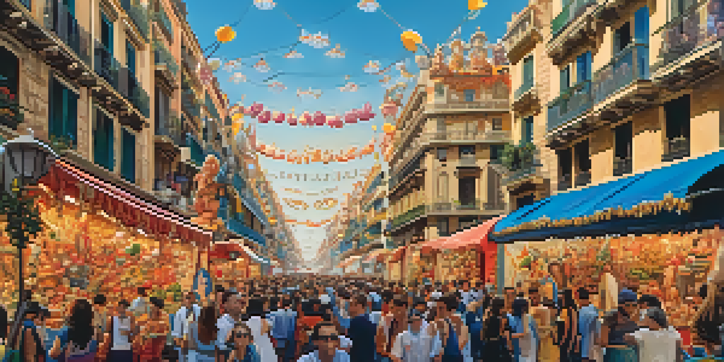 A lively street during the Las Fallas festival in Valencia, showcasing tall, colorful sculptures and crowds in traditional clothing.