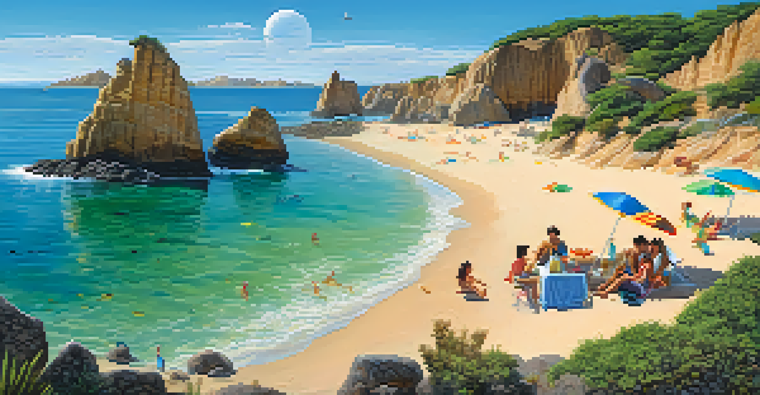 A crescent-shaped beach scene at Playa de la Media Luna with a family picnic on golden sands and clear waters, surrounded by rocky formations.