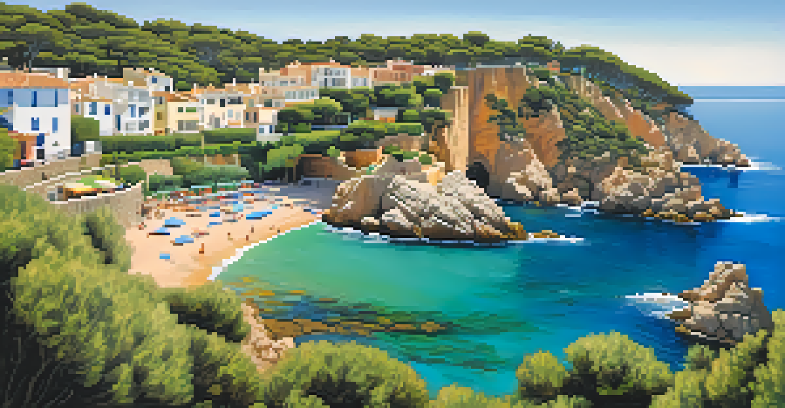 Panoramic view of the Camí de Ronda trail with cliffs, clear waters, and a village in the distance.