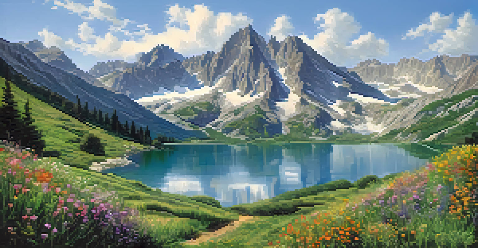 A stunning summer landscape of the Pyrenees mountains with peaks, valleys, and a clear lake.