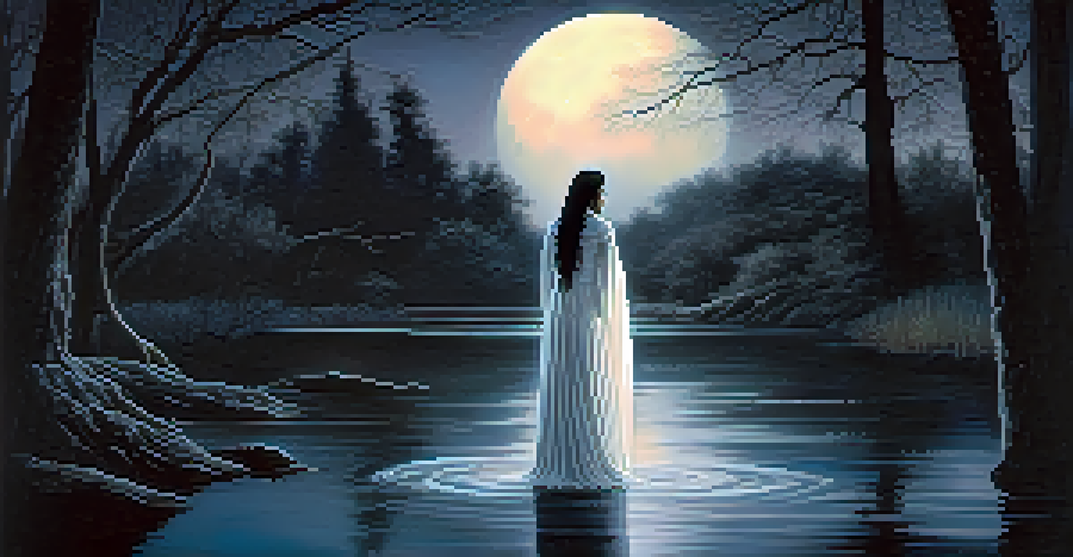 La Llorona, the Weeping Woman, in a white gown by a moonlit river, looking sorrowful.