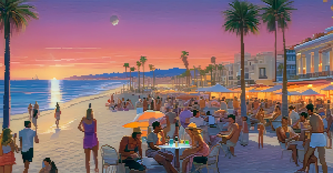 A beautiful sunset at Malvarrosa beach in Valencia, with people enjoying cocktails and beach clubs in the background.