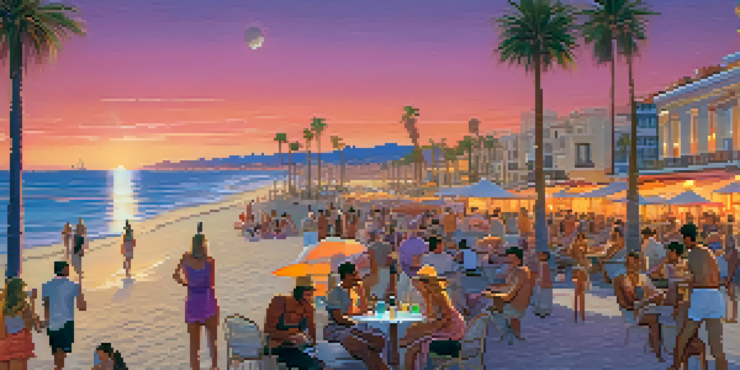 A beautiful sunset at Malvarrosa beach in Valencia, with people enjoying cocktails and beach clubs in the background.