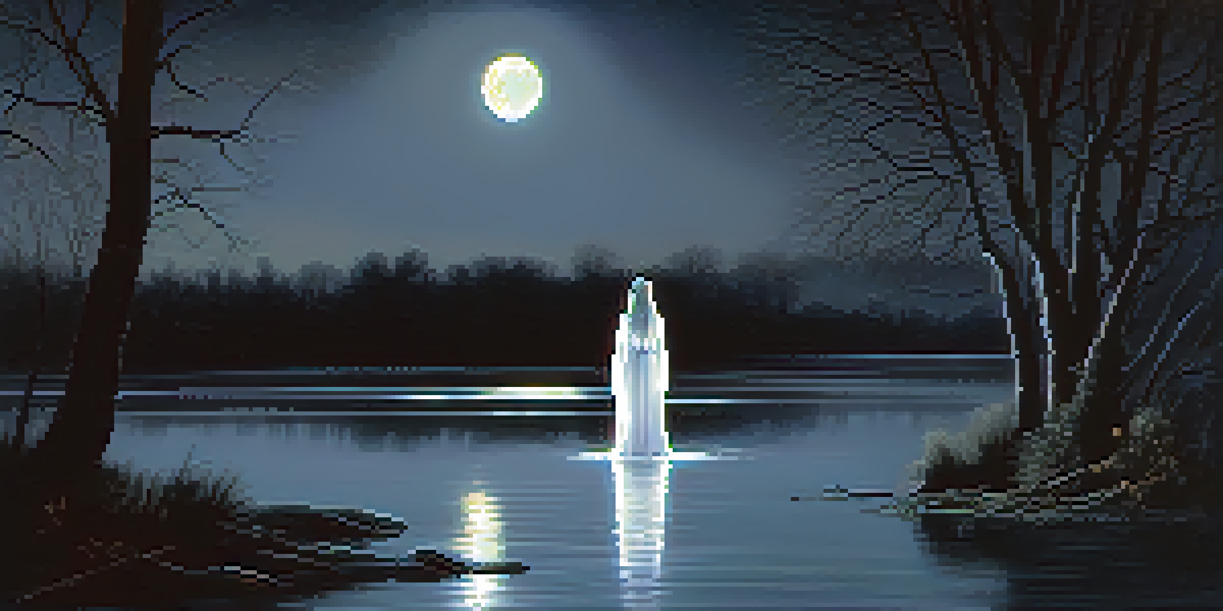 A ghostly figure of La Llorona by a moonlit river, surrounded by dark trees and mist.