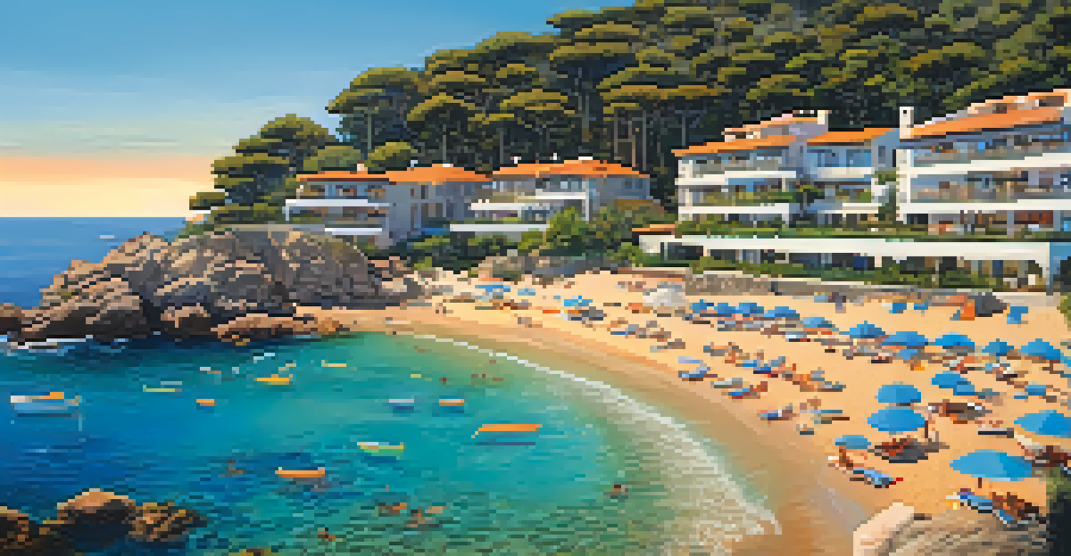 A secluded beach at an all-inclusive resort in Costa Brava, with guests relaxing on sunbeds and a vibrant sunset in the background.