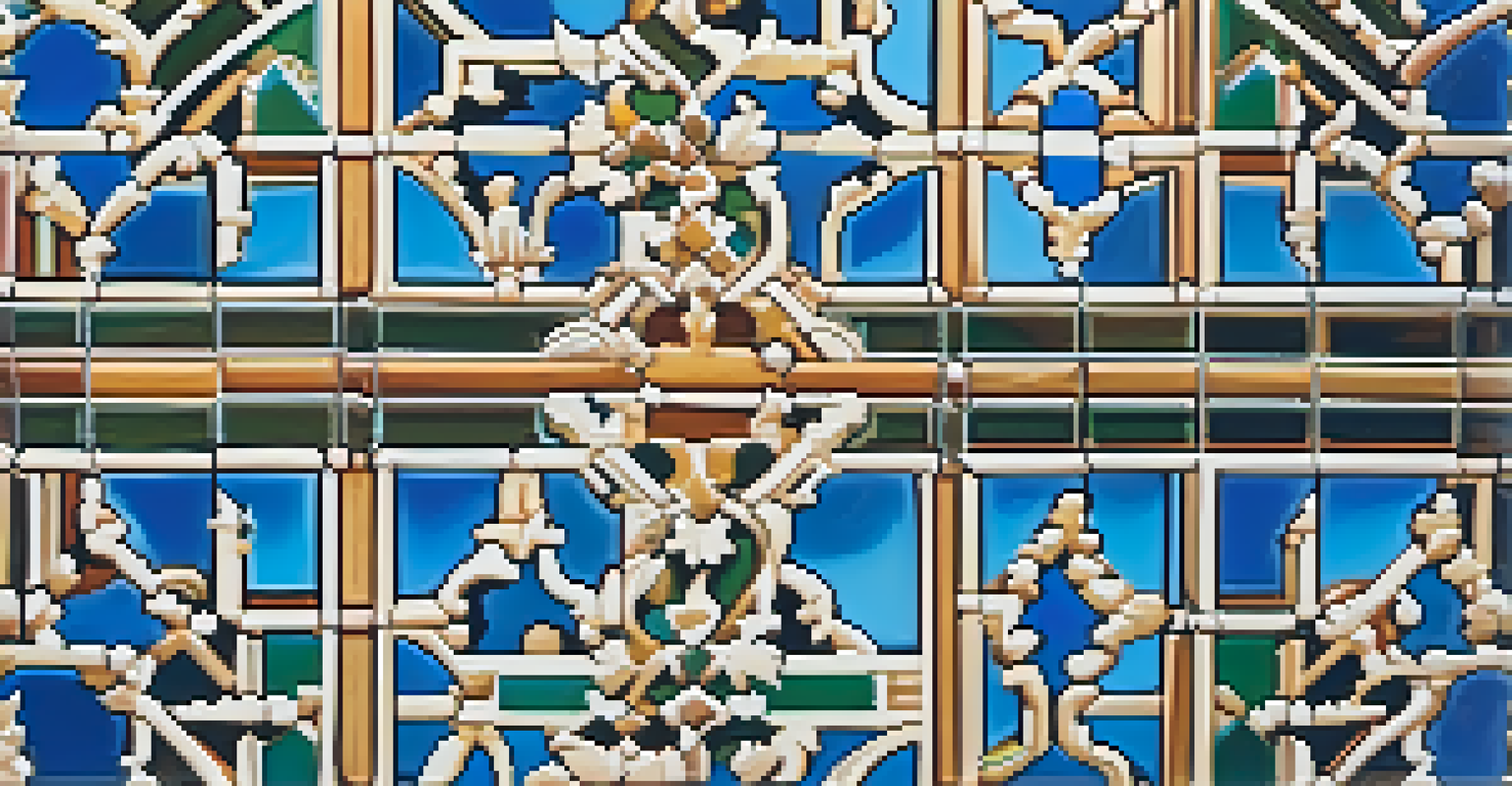Close-up of the Alhambra's colorful and intricate tile work, showcasing geometric patterns in soft light.