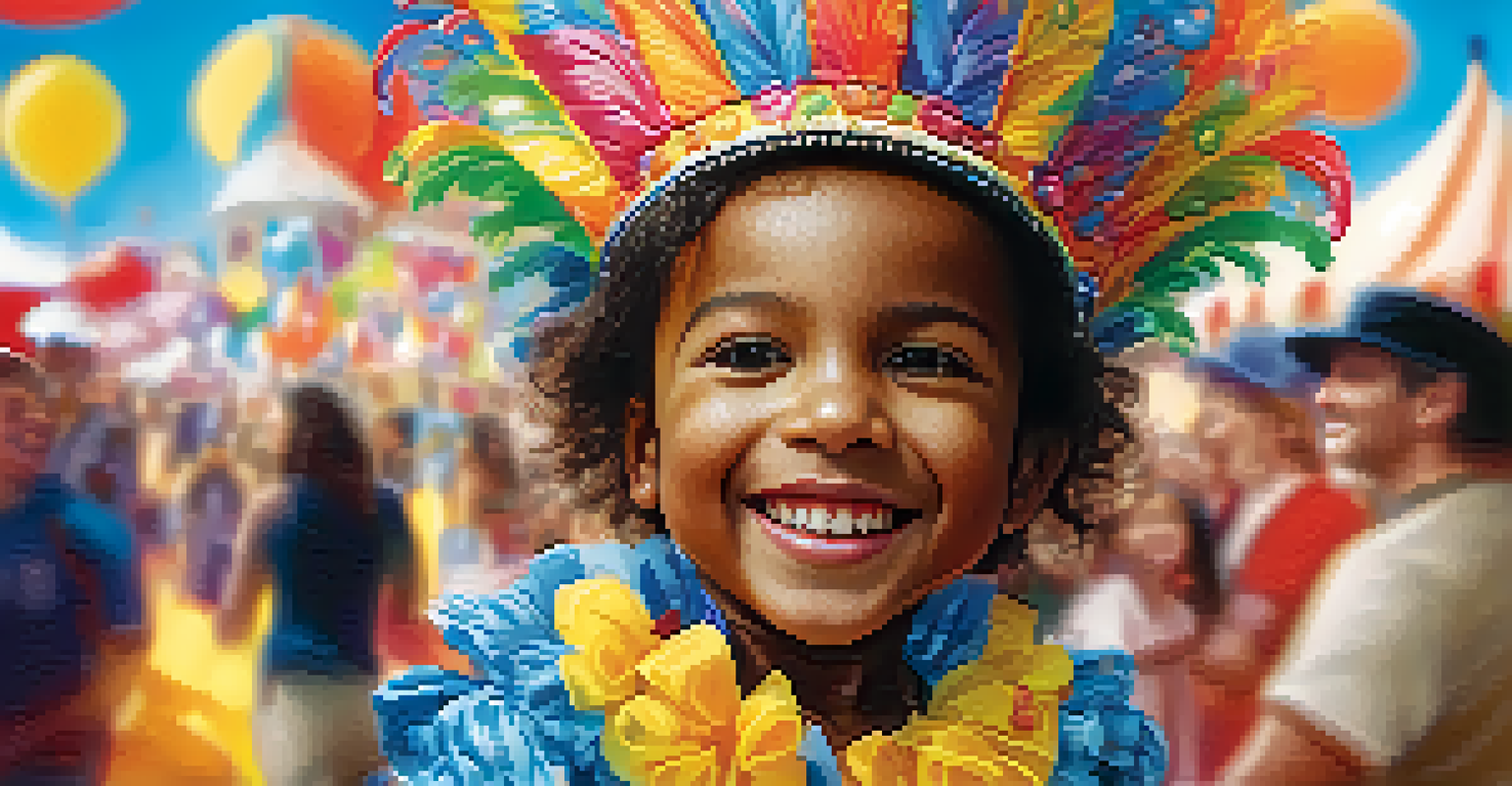 A cheerful child in a colorful costume at the Carnival of Cádiz, with festive decorations and blurred background.