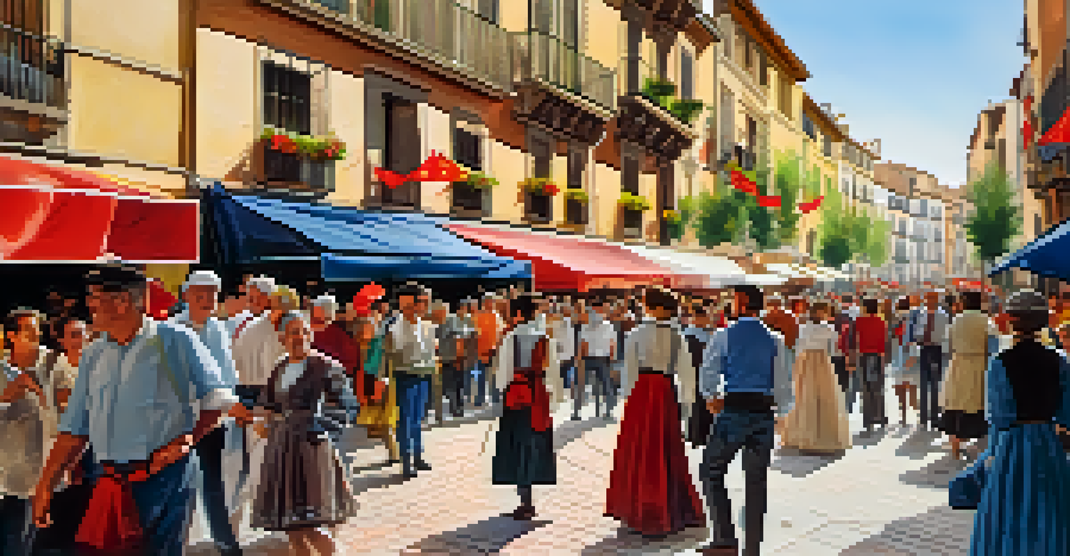 A lively street scene during the Cervantes Festival with crowds enjoying performances and colorful decorations.