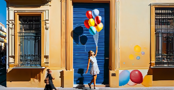 A colorful mural of a girl holding a balloon in Malasaña, Madrid, with narrow streets and shops in the background.