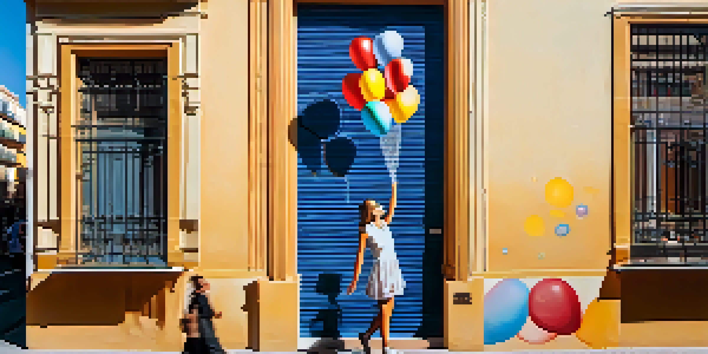 A colorful mural of a girl holding a balloon in Malasaña, Madrid, with narrow streets and shops in the background.