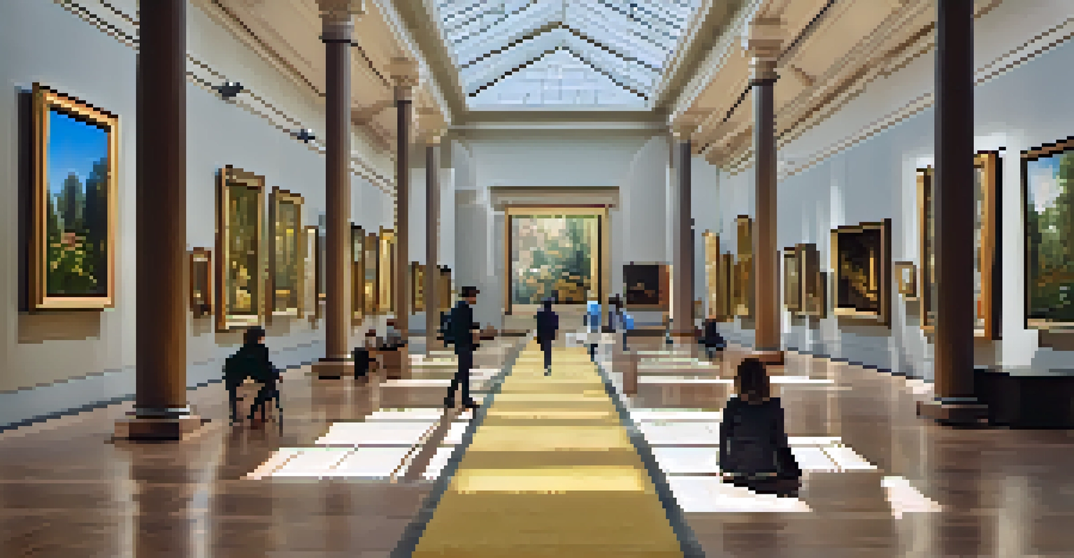 An elegant interior of the Thyssen-Bornemisza Museum with a diverse collection of art illuminated by natural light.