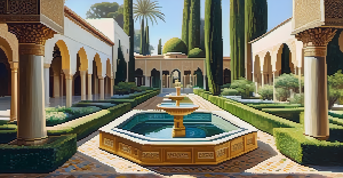 A peaceful garden with a fountain, lush plants, and colorful tiles, illuminated by sunlight.