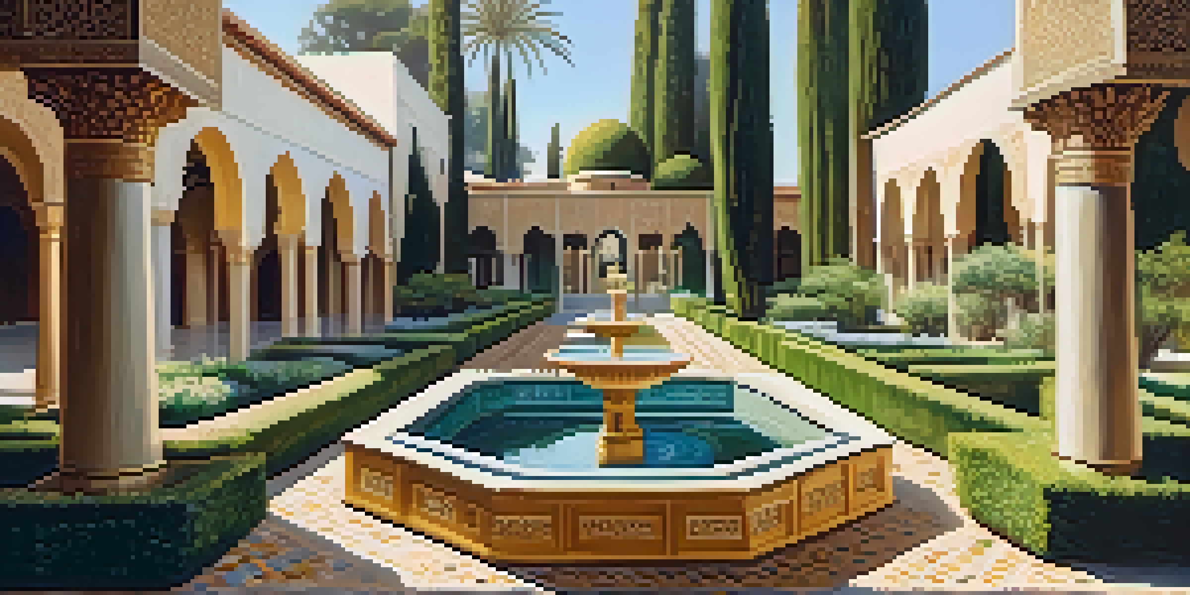 A peaceful garden with a fountain, lush plants, and colorful tiles, illuminated by sunlight.