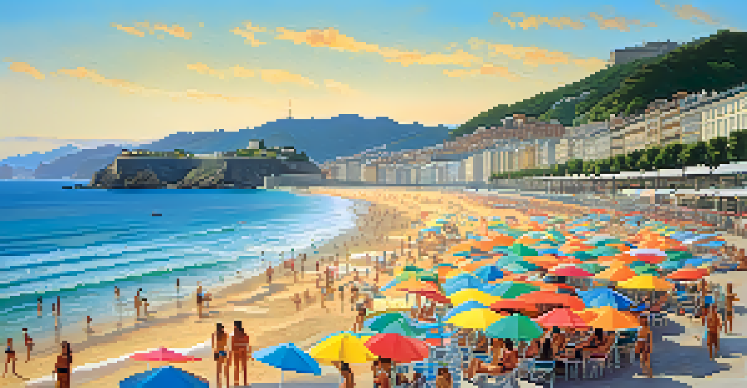 A beautiful beach scene at La Concha in San Sebastián with sunbathers, colorful umbrellas, and bars in the background during sunset.
