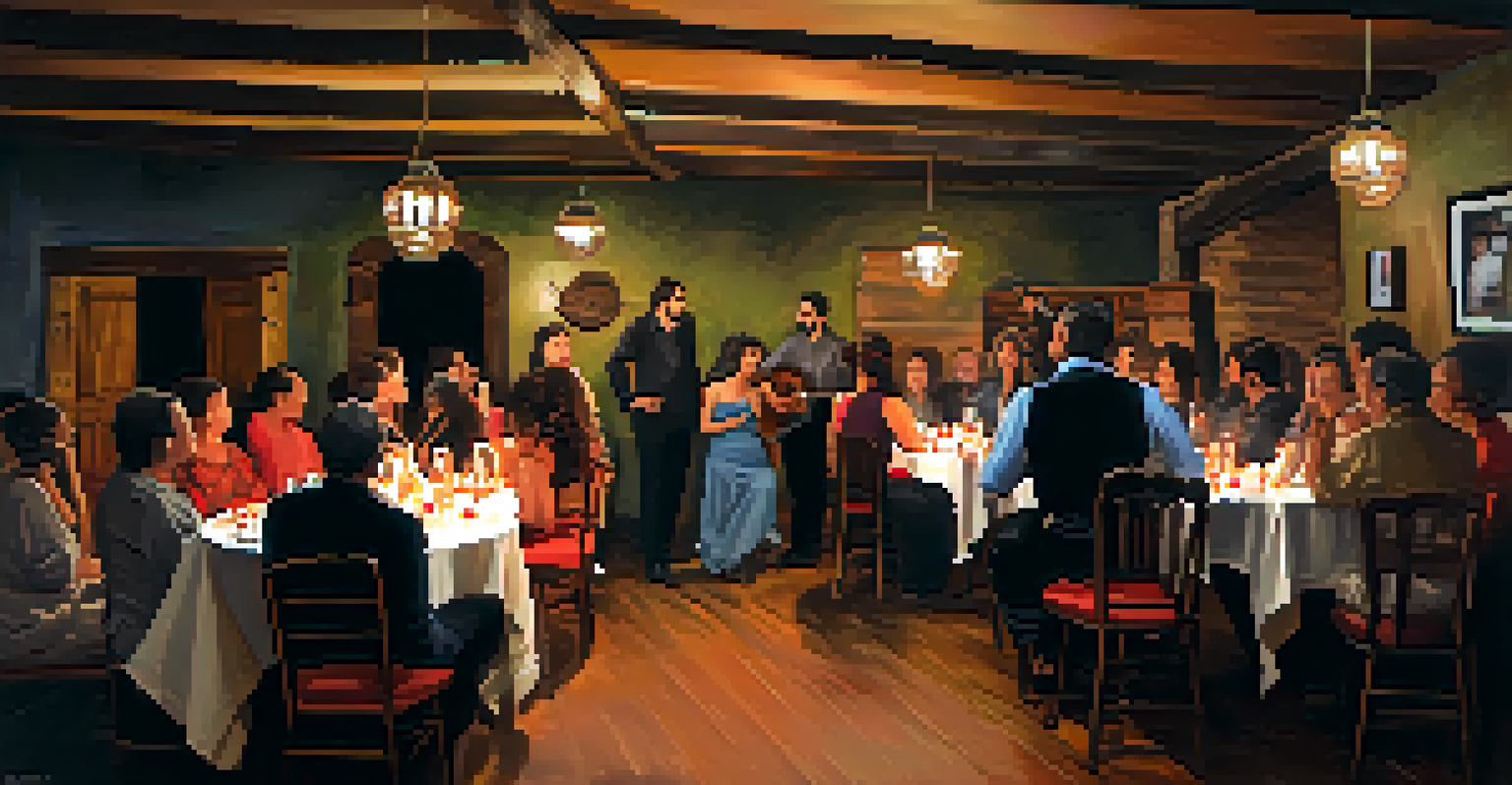 A cozy Flamenco gathering with an audience enjoying a performance in a rustic setting.