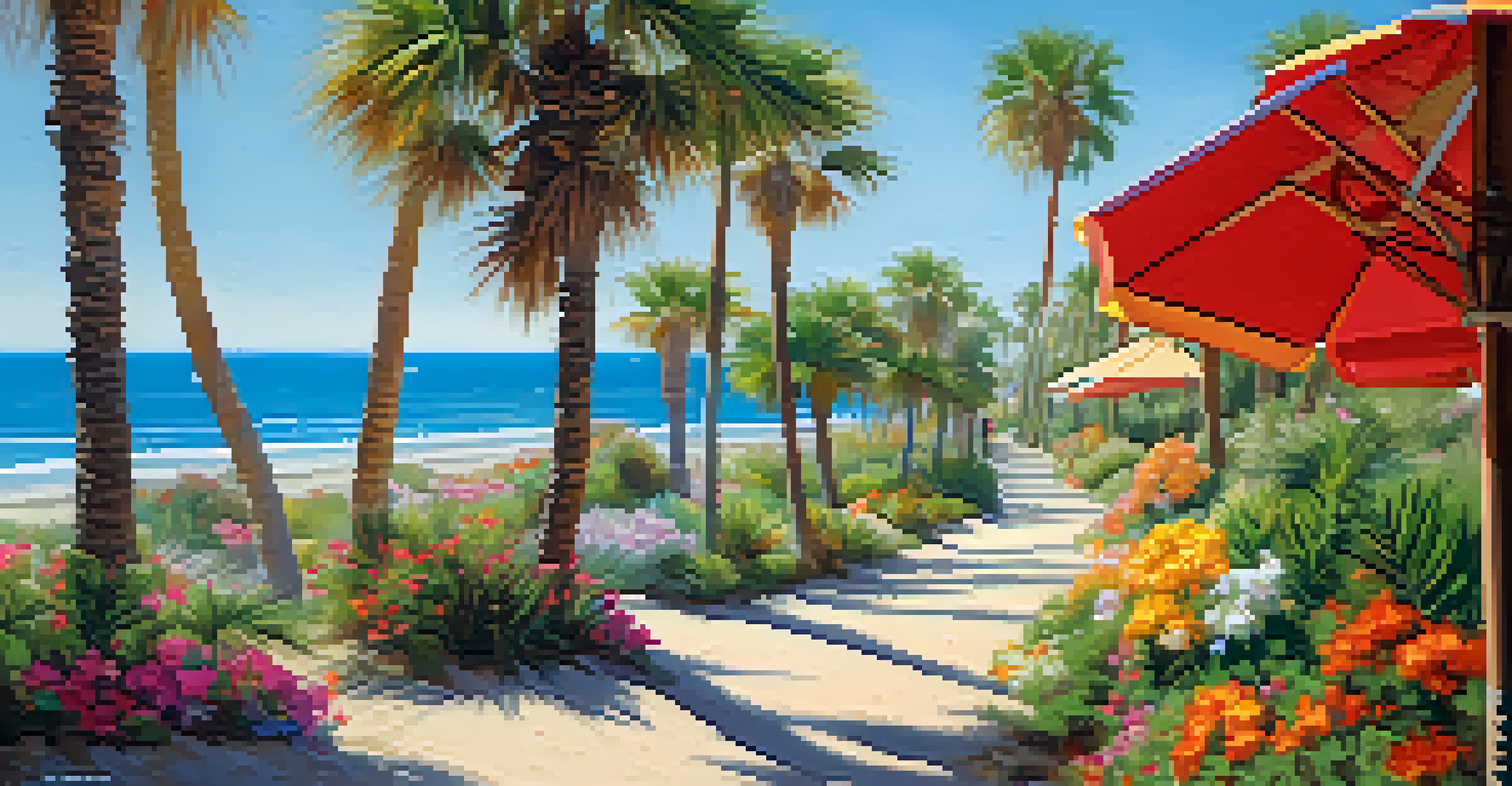 A sunny beach scene along the Senda Litoral trail, with palm trees, beach umbrellas, and colorful flowers.