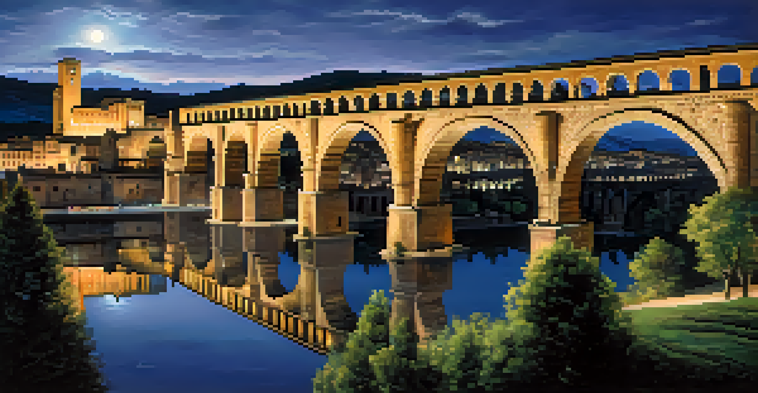The Roman Aqueduct of Segovia illuminated at night, showcasing its ancient arches amidst a vibrant city scene.
