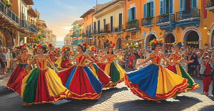 A lively festival in a coastal town with dancers in colorful costumes, food stalls, and a sunset backdrop.