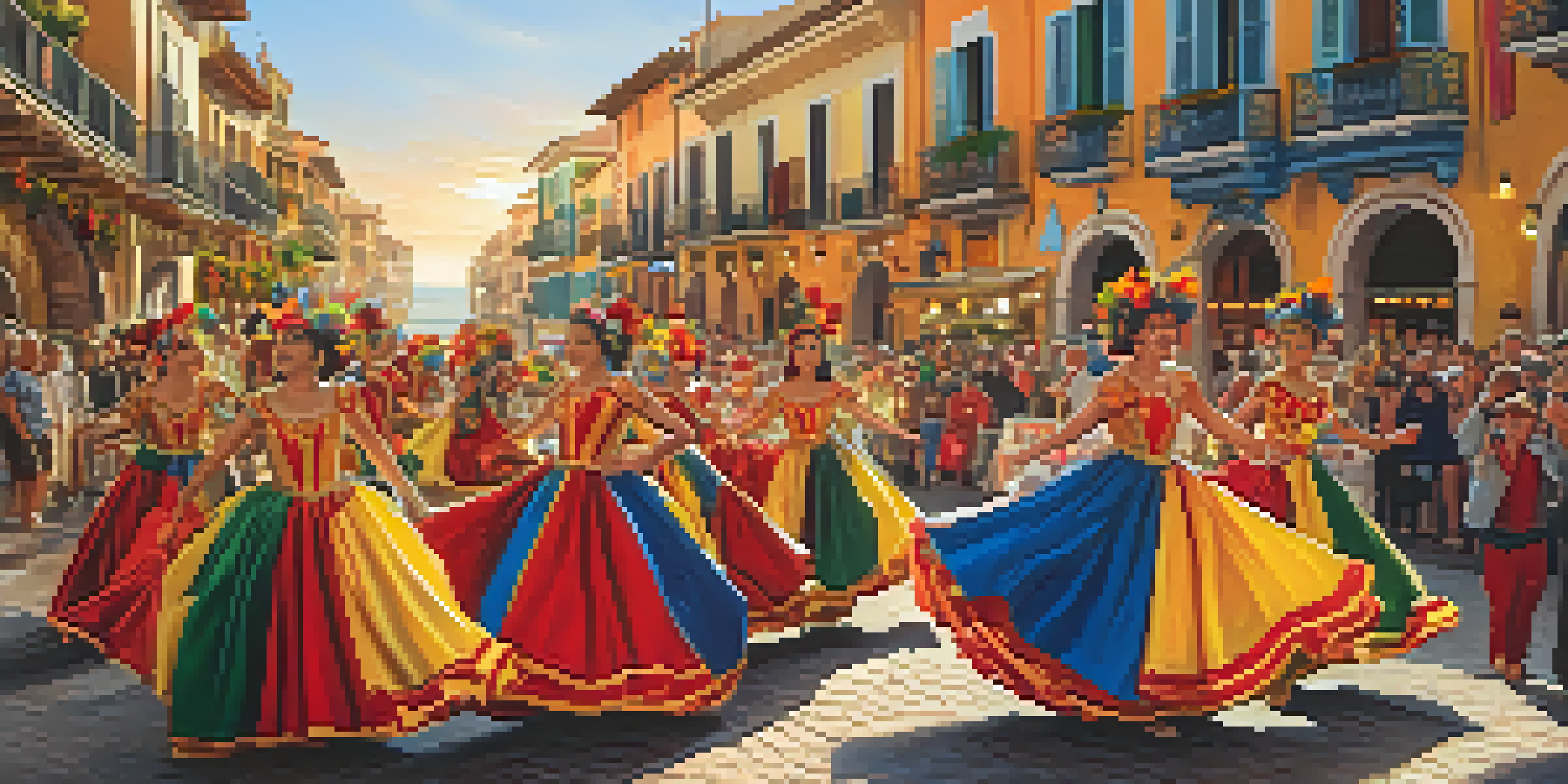 A lively festival in a coastal town with dancers in colorful costumes, food stalls, and a sunset backdrop.