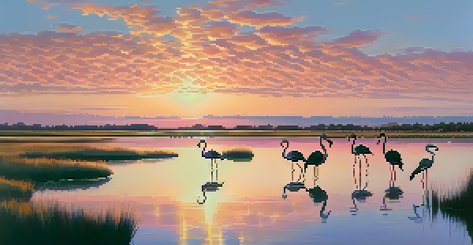 A tranquil scene of Doñana National Park at sunrise, with flamingos in the water and a golden sky.