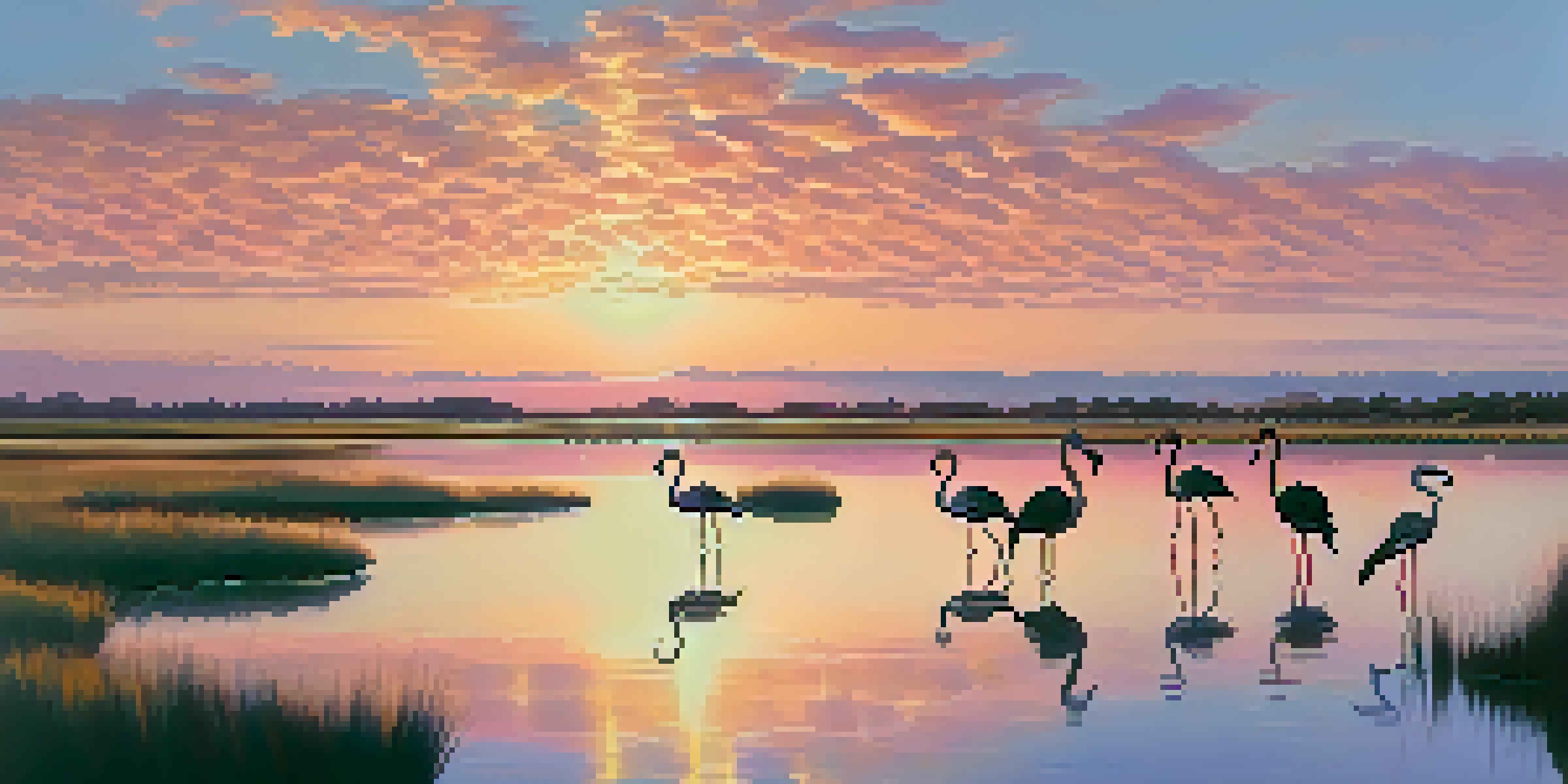 A tranquil scene of Doñana National Park at sunrise, with flamingos in the water and a golden sky.