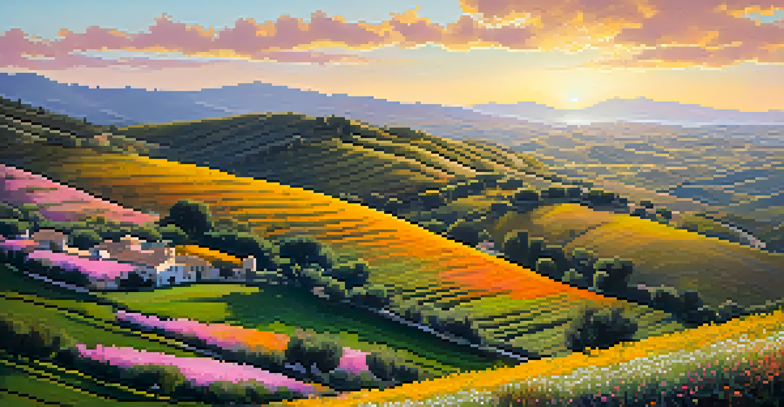 A tranquil landscape of Andalusia with hills, flowers, and a sunset sky.