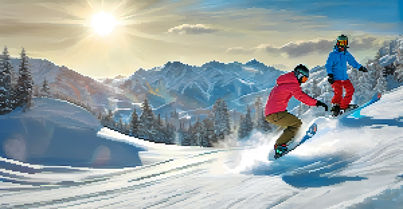 Multiple snowboarders on the slopes of Baqueira-Beret with the Pyrenees mountains in the background, under a clear blue sky.