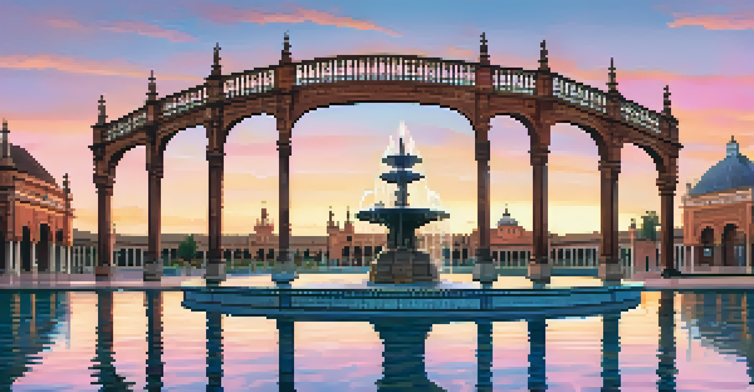 The Plaza de España in Seville at sunset, featuring its grand architecture and reflections in the water, with a colorful sky.