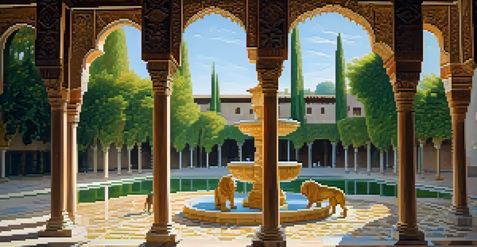 Close-up of the Court of the Lions in the Alhambra, highlighting the marble fountain and intricate tile work.
