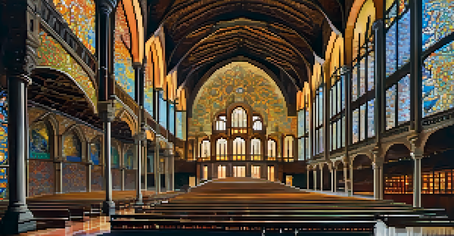 The colorful interior of the Palau de la Música Catalana featuring intricate mosaics and stained glass windows, with vibrant light reflections.