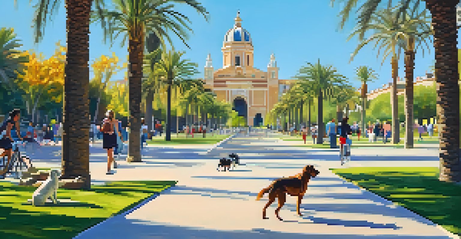 Dogs playing in the designated areas of Turia Gardens, with owners chatting and enjoying the sunny day.