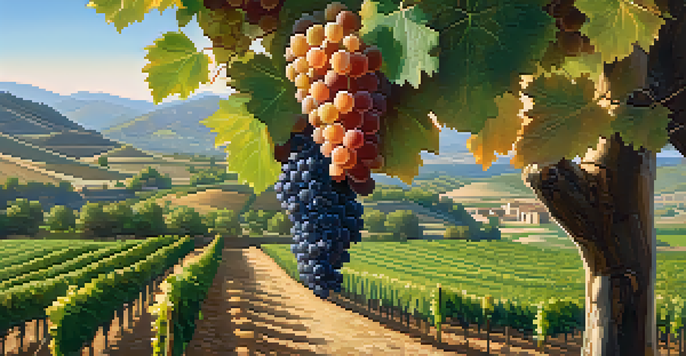 A beautiful landscape of vineyards in La Rioja, with ripe Tempranillo grapes and a winery under a golden sunset.