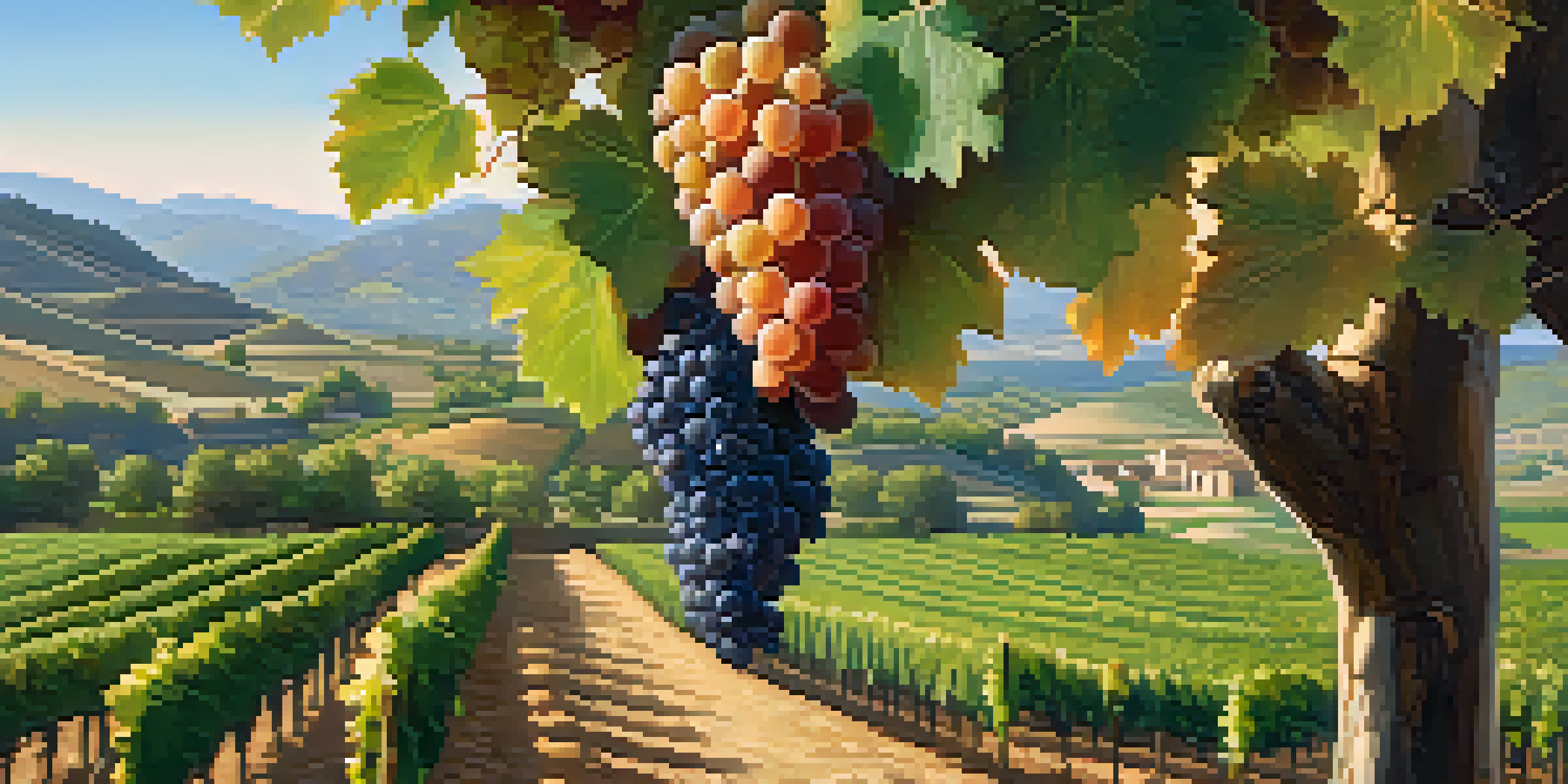 A beautiful landscape of vineyards in La Rioja, with ripe Tempranillo grapes and a winery under a golden sunset.