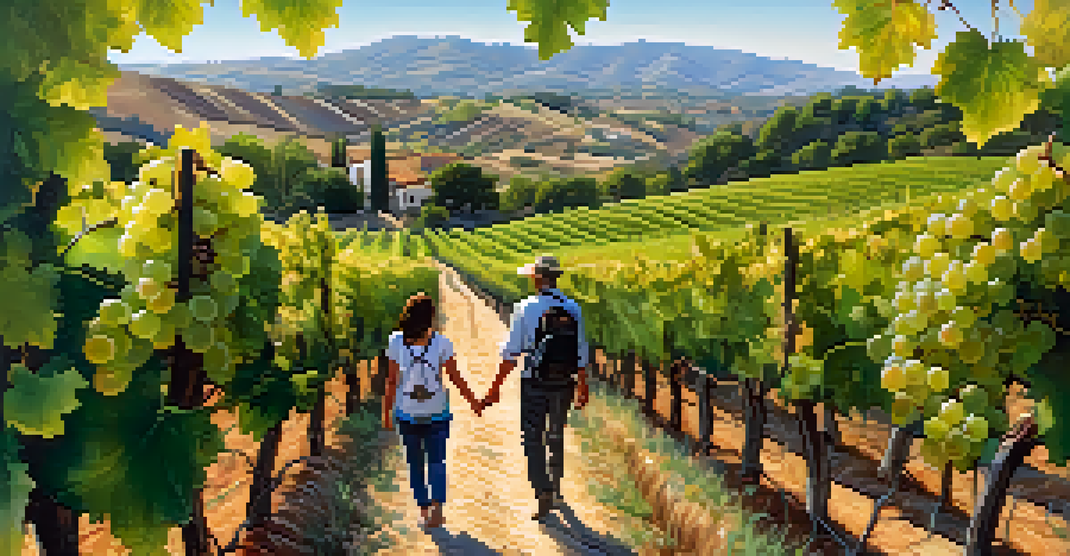 A tranquil hiking trail through green vineyards in rural Spain, where a couple strolls hand-in-hand, surrounded by nature and blue skies.