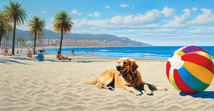 A golden retriever playing in the sand at Barceloneta Beach, with its owner relaxing nearby under a bright blue sky.