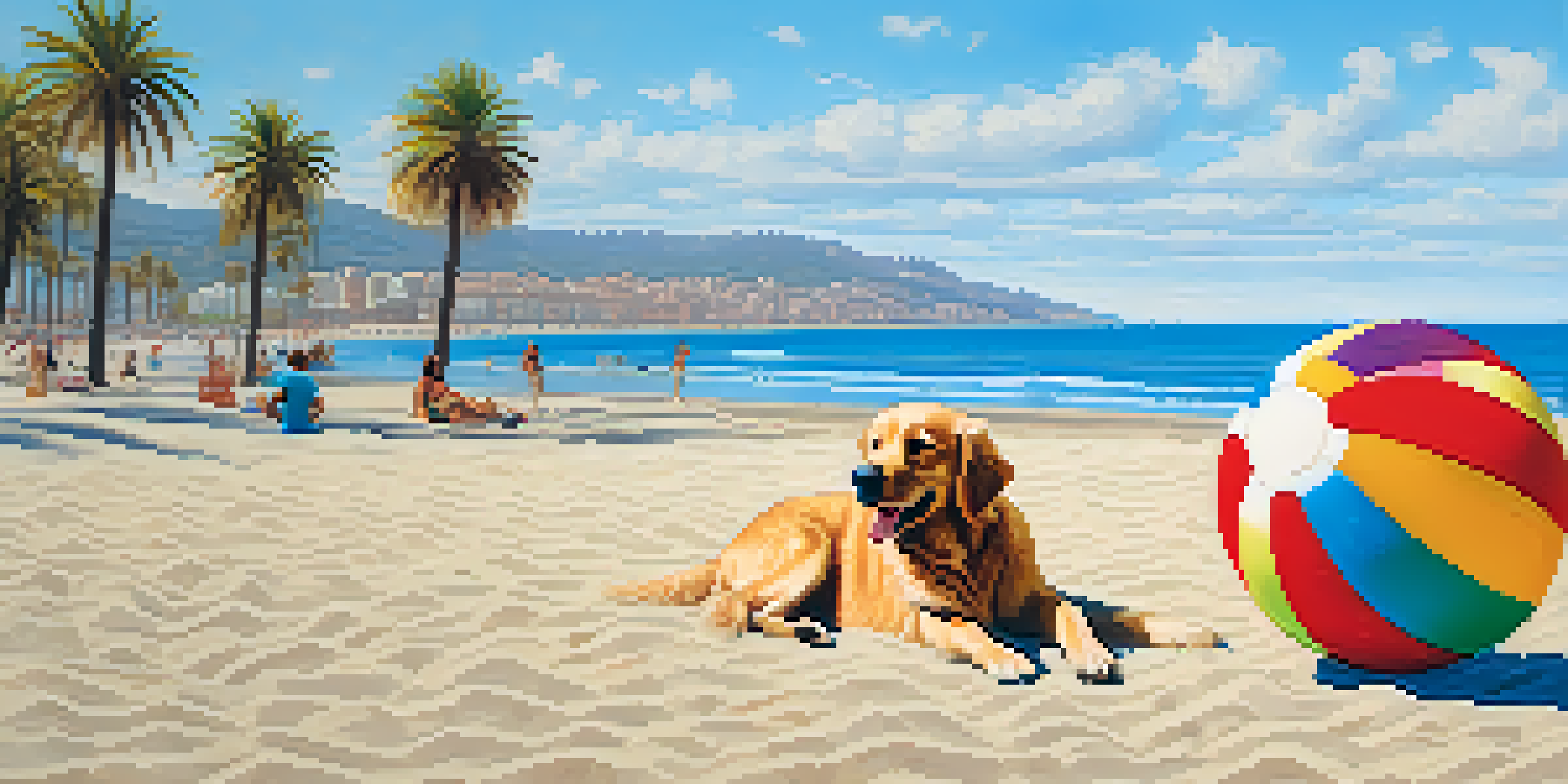A golden retriever playing in the sand at Barceloneta Beach, with its owner relaxing nearby under a bright blue sky.