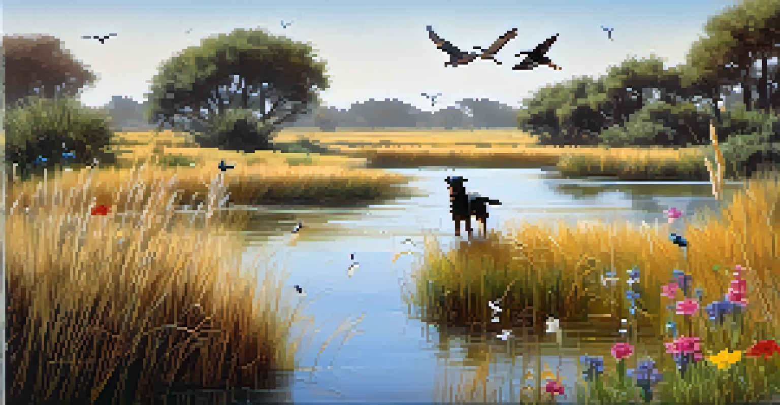 A peaceful wetland in Doñana National Park with a dog splashing in the water, surrounded by tall grasses and wildflowers, and various birds in the background.