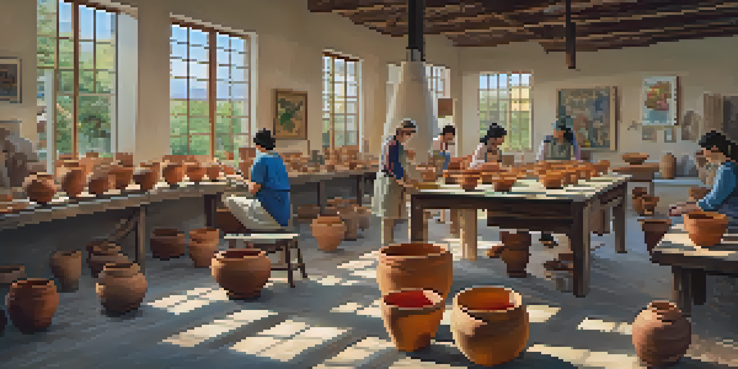 A lively art workshop with tourists and artisans, showcasing pottery making in a bright and colorful studio.